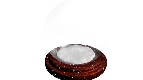 Animation-of-snow-falling-over-christmas-snow-globe-with-copy-space-on-white-background