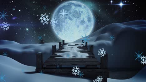 Animation-Von-Weißen-Weihnachtsschneeflocken,-Die-Nachts-Bei-Vollmond-Und-Schneebedeckter-Brücke-Fallen