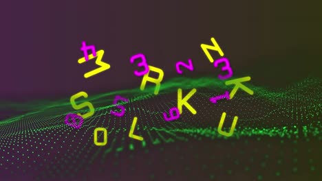 Animation-of-changing-pink-numbers-and-yellow-letters-over-moving-green-digital-landscape-on-black