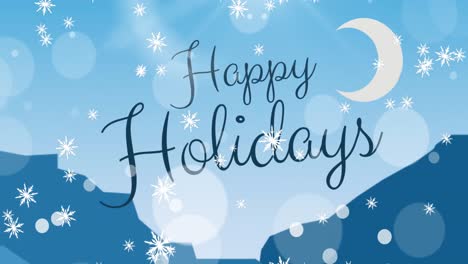 Animation-of-happy-holidays-text-at-christmas-and-snow-falling-over-winter-scenery