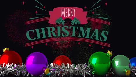 Animation-of-merry-christmas-text-over-fireworks-and-baubles
