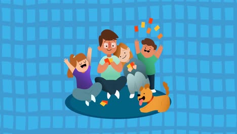 Animation-of-illustration-of-happy-parents-with-son-and-daughter-and-dog-playing-card-game,-on-blue