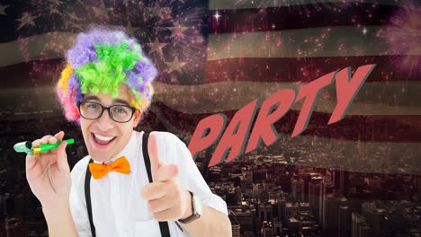 Animation-of-man-in-party-wig-celebrating,-over-party-text,-cityscape-and-flag-of-america