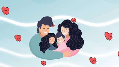 Animation-of-illustration-of-smiling-parents-and-children-hugging-with-red-hearts