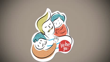 Animation-of-illustration-of-we-love-you-text,-over-smiling-son-and-daughter-hugging-father,-on-grey