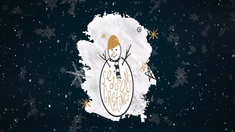 Animation-of-seasons-greetings-text-over-snowman-at-christmas-and-snow-falling