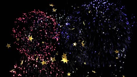 Animation-of-stars-floating-over-fireworks-on-black-background