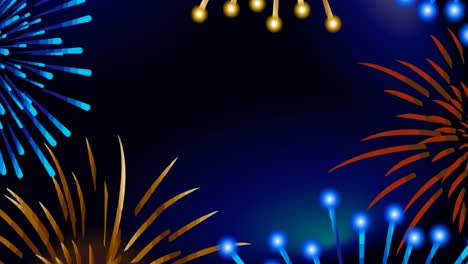 Animation-of-exploding-colourful-fireworks-scrolling-on-dark-blue-background