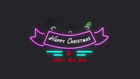 Animation-of-neon-christmas-greetings-over-decoration-and-confetti-falling-in-background