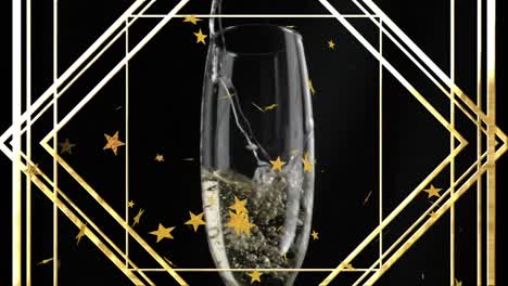Animation-of-stars-floating-and-gold-frame-over-glass-of-champagne-on-black-background