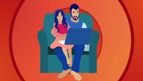 Animation-of-illustration-of-father-and-daughter-sitting-in-armchair-embracing-using-laptop,-on-red