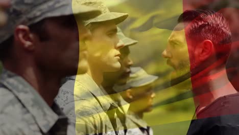 Animation-Der-Belgischen-Flagge-über-Männlichen-Soldaten-In-Uniform,-Denen-Befehle-Erteilt-Werden