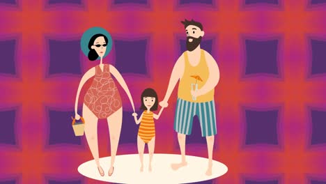 Animation-of-illustration-of-happy-parents-and-daughter-in-beachwear-holding-hands