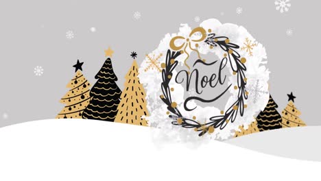 Animation-of-noel-text-over-christmas-trees