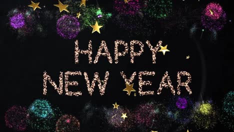 Animation-of-happy-new-year-text-with-fireworks-and-stars-on-black-background