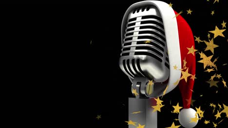 Animation-of-stars-falling-over-microphone-with-santa-hat-at-christmas