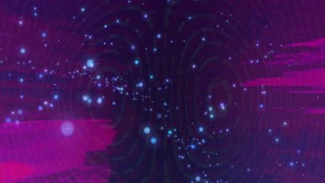 Animation-Von-Rosa-Lichtern,-Die-Sich-über-Leuchtende-Blaue-Punkte-Auf-Schwarzem-Hintergrund-Bewegen