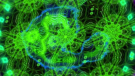 Animation-of-blue-ring-of-vapour-over-green-kaleidoscopic-shapes-on-black-background