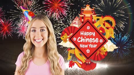 Animation-of-happy-chinese-new-year-text,-with-dragon-and-temples-with-smiling-woman-and-fireworks