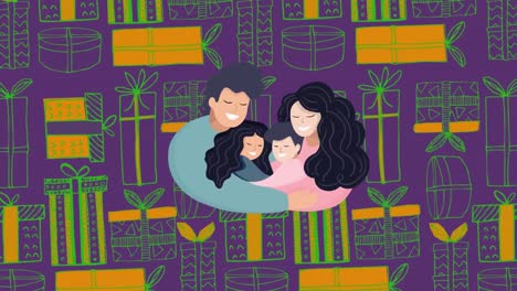 Animation-of-illustration-of-happy-parents-hugging-son-and-daughter-over-green-and-orange-gifts