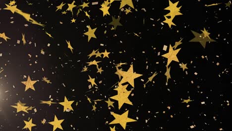 Animation-Von-Konfetti-Und-Sternen-Auf-Schwarzem-Hintergrund