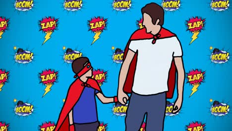 Animation-of-illustration-of-zap,-boom-text-over-father-and-son-holding-hands-in-superhero-costumes