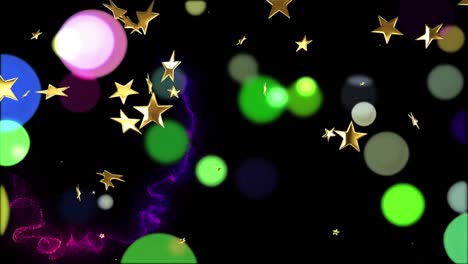 Animation-of-stars-floating-over-colourful-spots-on-black-background