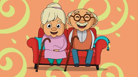 Animation-of-illustration-of-happy-senior-couple-sitting-on-couch,-over-yellow-and-pink-pattern