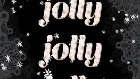 Animation-of-jolly-text-in-repetition-at-christmas-and-snow-falling-on-black-background