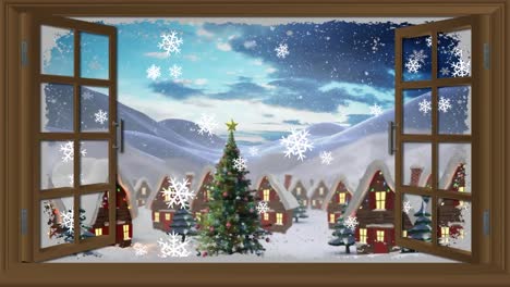 Animation-of-snow-falling-over-winter-scenery-with-christmas-tree