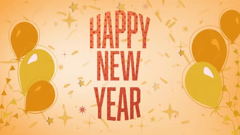 Animation-of-happy-new-year-text-spotted-red-letters,-with-yellow-balloons-on-orange-background