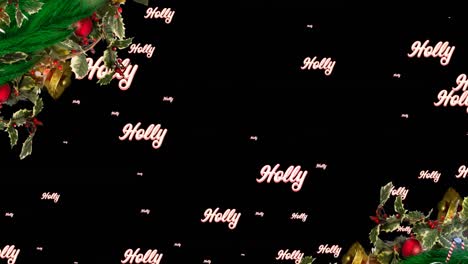 Animation-of-holly-text-in-repetition-over-christmas-wreath-on-black-background
