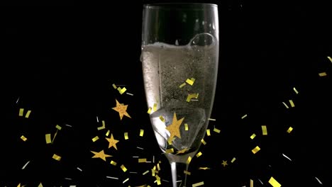 Animation-of-stars-floating-over-glass-of-champagne-on-black-background