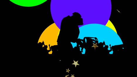 Animation-of-stars-falling-over-dancing-silhouettes-of-people-on-colourful-background