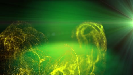 Animation-of-yellow-particles-moving-in-green-light-on-black-background