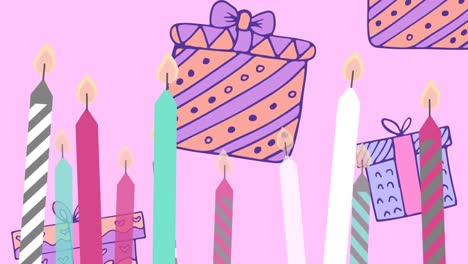 Animation-Von-Kerzen-Und-Geschenken,-Die-Auf-Schwarzen-Hintergrund-Fallen