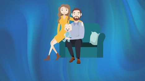 Animation-of-illustration-of-happy-parents-sitting-holding-baby-on-blue-and-green-background