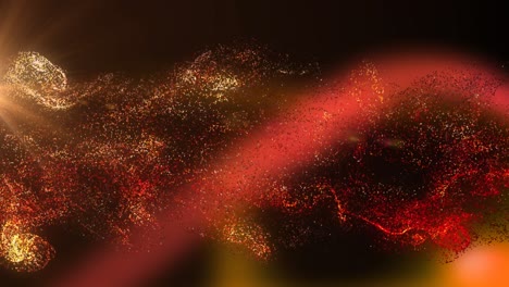 Animation-of-white,-red-and-orange-particle-clouds-and-red-light-moving-on-black-background