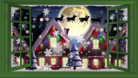 Animation-of-snow-falling-over-christmas-decorated-houses