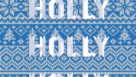 Animation-of-holly-text-in-repetition-at-christmas-on-blue-background