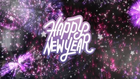 Animation-of-happy-new-year-text-in-purple-and-white-over-pink-fireworks-on-black-background