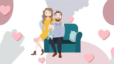 Animation-of-illustration-of-happy-parents-sitting-holding-baby,-with-pink-hearts-on-grey-and-white
