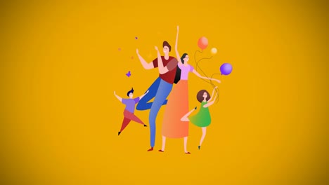 Animation-of-illustration-of-happy-family-dancing-with-balloons-on-yellow-background