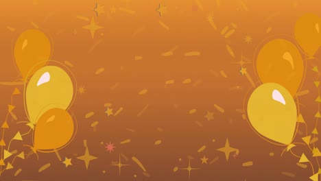 Animation-of-yellow-balloons-and-confetti-on-orange-background