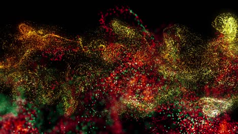 Animation-of-red,-yellow-and-blue-particle-cloud-moving-on-black-background