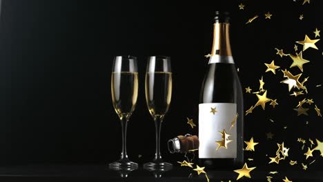 Animation-Von-Sternen,-Die-über-Flaschen-Und-Gläsern-Champagner-Auf-Schwarzem-Hintergrund-Schweben