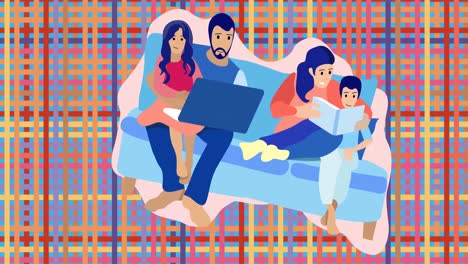 Animation-of-illustration-of-happy-family-sitting-on-couch-using-laptop-and-reading-book