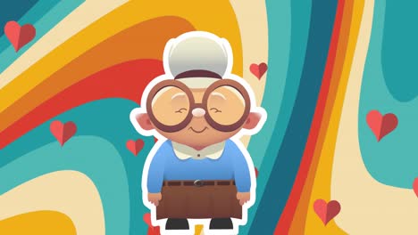 Animation-of-illustration-of-happy-senior-woman-in-glasses,-with-hearts,-on-colourful-curved-stripes