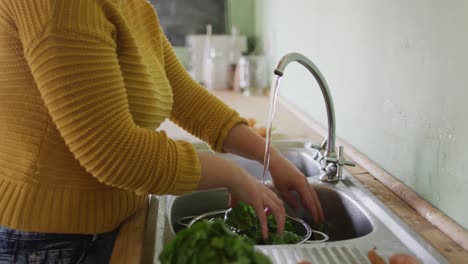 Midsection-of-caucasian-woman-washing-vegetables-in-kitchen