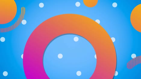Animation-of-orange-and-pink-ring-and-circles-over-falling-white-dots-on-blue-background